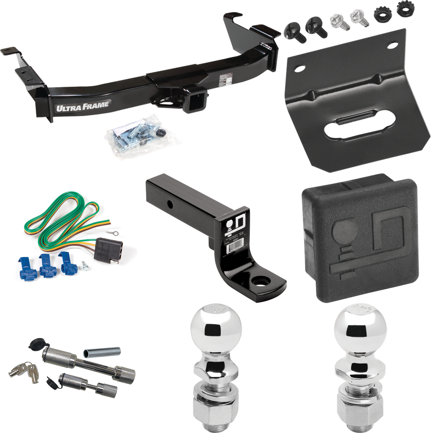 Fits 2003-2007 Ford E-250 Econoline Trailer Hitch Tow PKG w/ 4-Flat Wiring Harness + Ball Mount w/ 4" Drop + Dual Hitch & Coupler Locks + 2" Ball + 2-5/16" Ball + Hitch Cover + Wiring Bracket By Draw-Tite