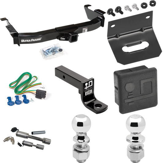 Fits 2003-2007 Ford E-250 Econoline Trailer Hitch Tow PKG w/ 4-Flat Wiring Harness + Ball Mount w/ 4" Drop + Dual Hitch & Coupler Locks + 2" Ball + 2-5/16" Ball + Hitch Cover + Wiring Bracket By Draw-Tite