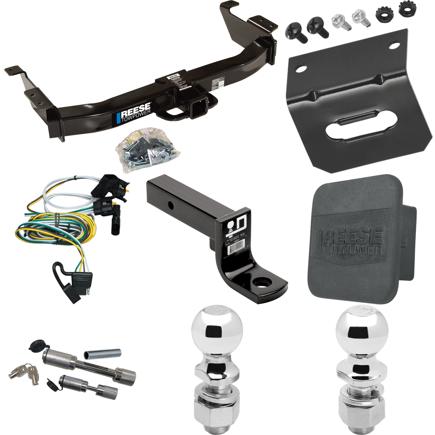 Fits 2000-2002 Ford E-150 Econoline Trailer Hitch Tow PKG w/ 4-Flat Wiring Harness + Ball Mount w/ 4" Drop + Dual Hitch & Coupler Locks + 2" Ball + 2-5/16" Ball + Hitch Cover + Wiring Bracket By Reese Towpower