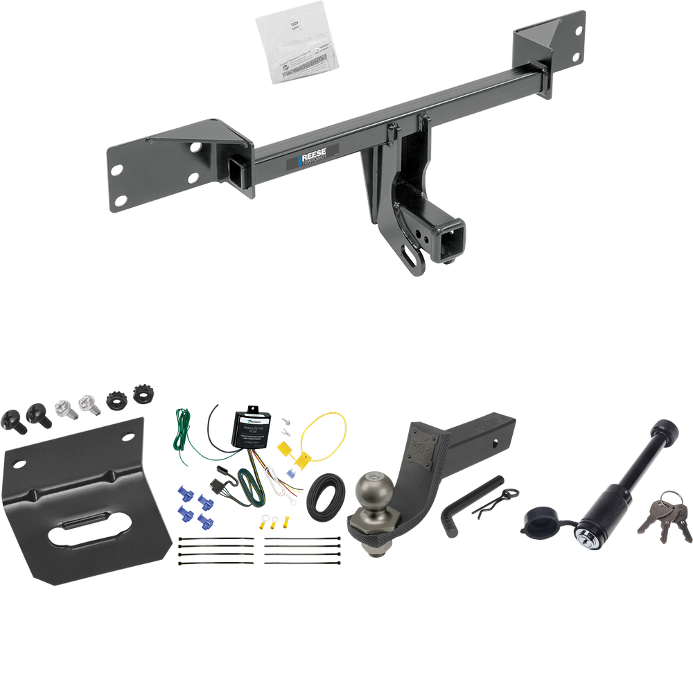 Fits 2017-2019 Infiniti QX30 Trailer Hitch Tow PKG w/ 4-Flat Wiring + Interlock Tactical Starter Kit w/ 3-1/4" Drop & 2" Ball + Tactical Dogbone Lock + Wiring Bracket (Excludes: Sport Models) By Reese Towpower