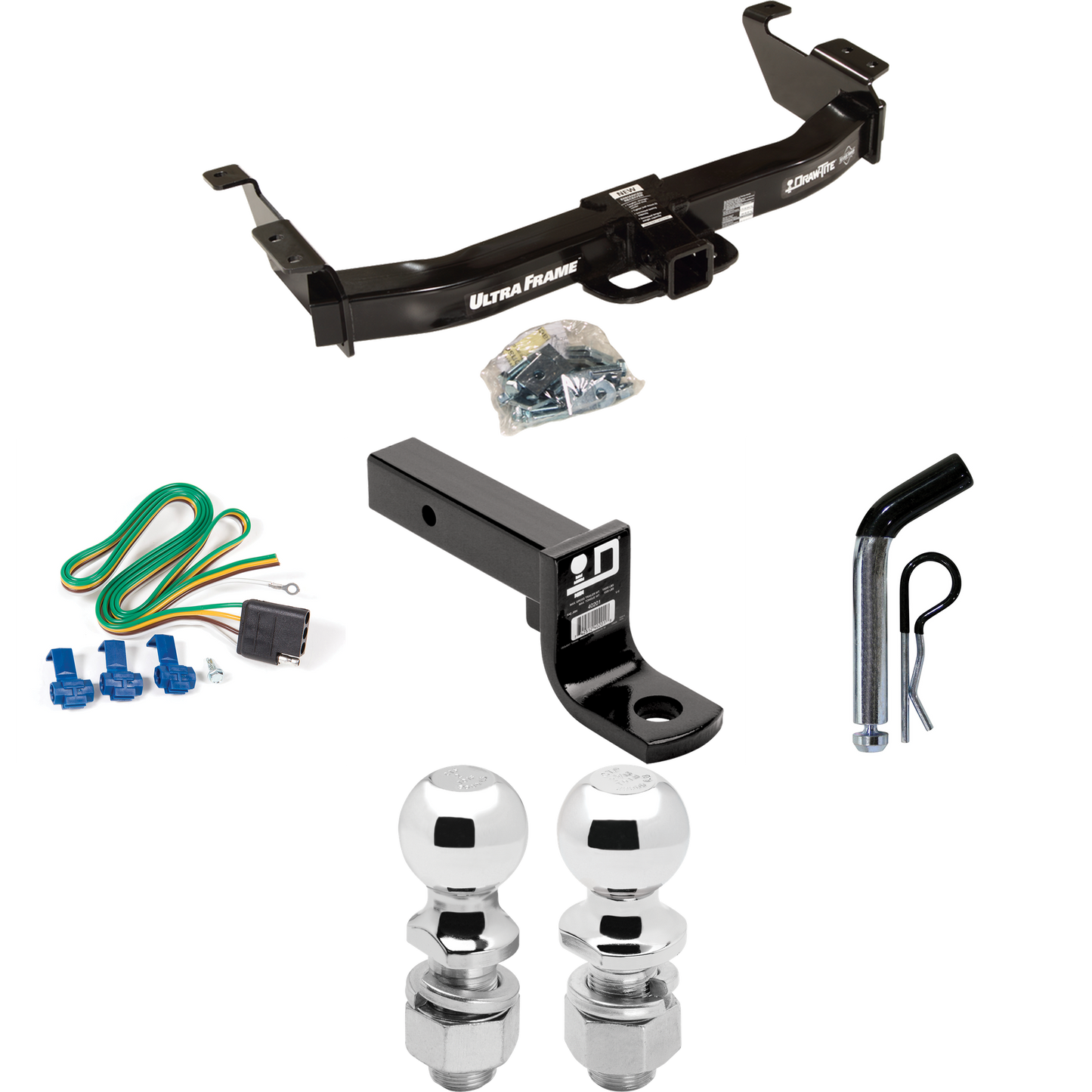 Fits 2003-2007 Ford E-350 Econoline Super Duty Trailer Hitch Tow PKG w/ 4-Flat Wiring Harness + Ball Mount w/ 4" Drop + Pin/Clip + 2" Ball + 2-5/16" Ball By Draw-Tite