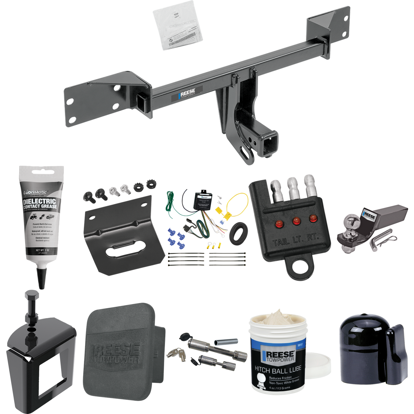 Fits 2017-2019 Infiniti QX30 Trailer Hitch Tow PKG w/ 4-Flat Wiring + Starter Kit Ball Mount w/ 2" Drop & 2" Ball + 1-7/8" Ball + Wiring Bracket + Dual Hitch & Coupler Locks + Hitch Cover + Wiring Tester + Ball Lube + Electric Grease + Ball Wrench +