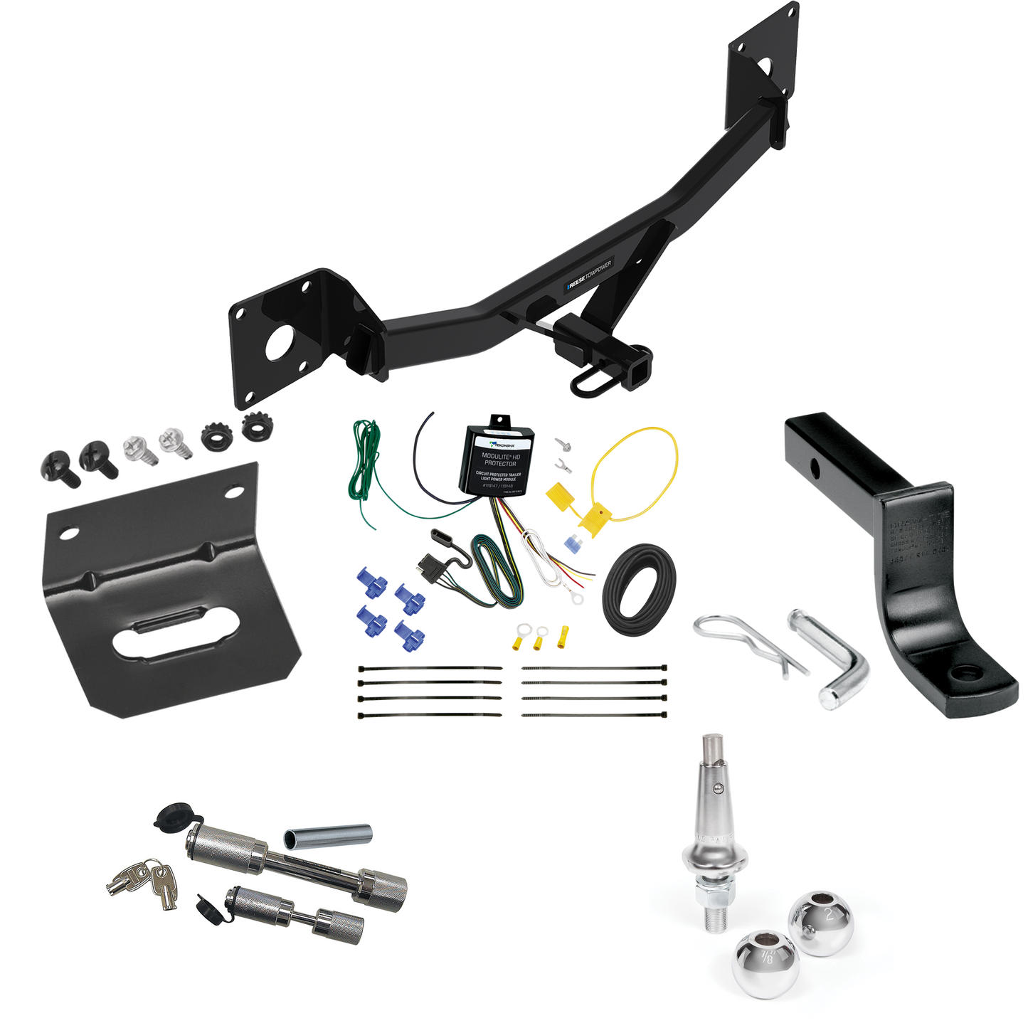 Fits 2016-2023 Chevrolet Malibu Trailer Hitch Tow PKG w/ 4-Flat Wiring Harness + Draw-Bar + Interchangeable 1-7/8" & 2" Balls + Wiring Bracket + Dual Hitch & Coupler Locks (For Premier (New Body Style) Models) By Reese Towpower