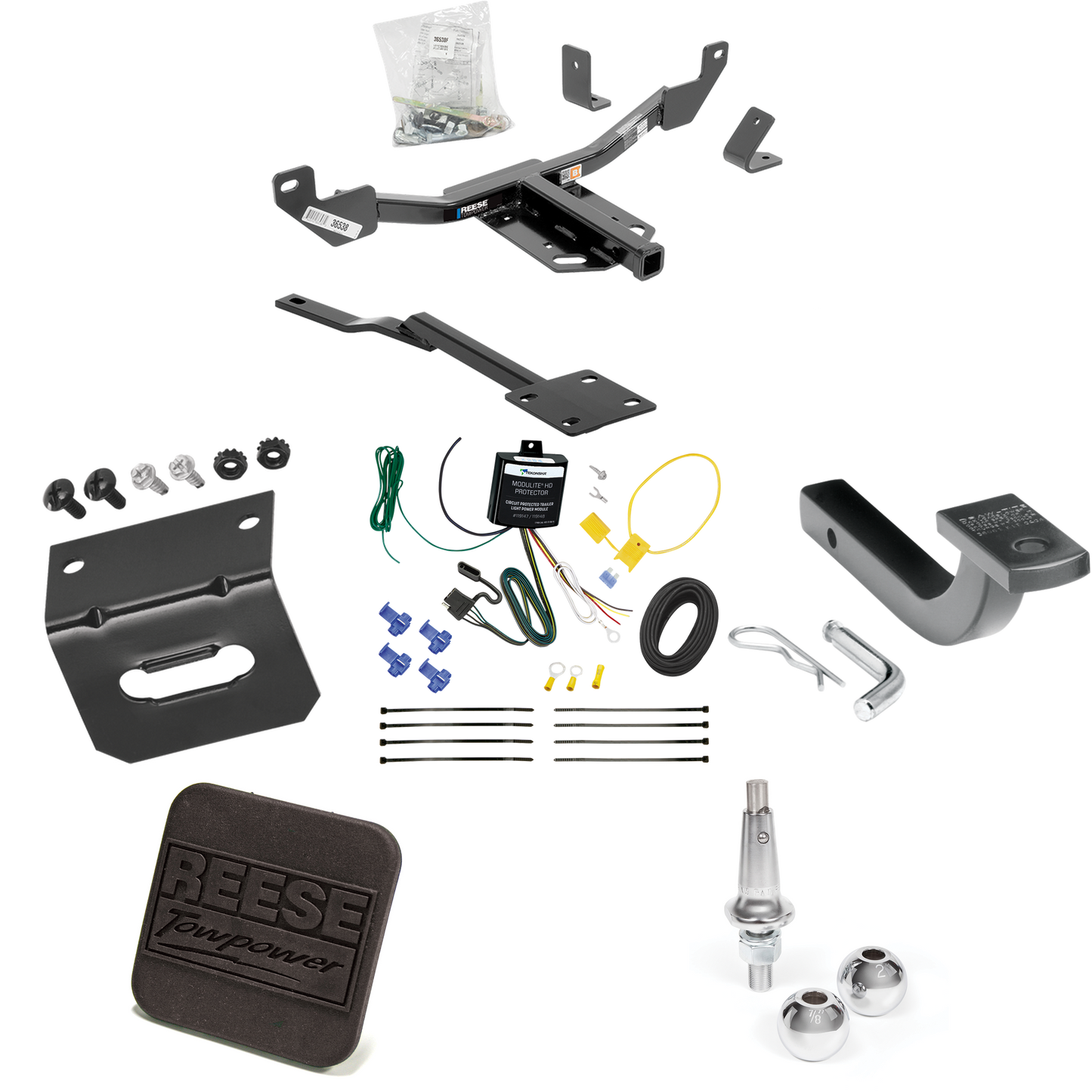 Se adapta al paquete de enganche de remolque Buick Regal 2011-2017 con arnés de cableado plano de 4 + barra de tracción + bolas intercambiables de 1-7/8" y 2" + soporte de cableado + cubierta de enganche de Reese Towpower