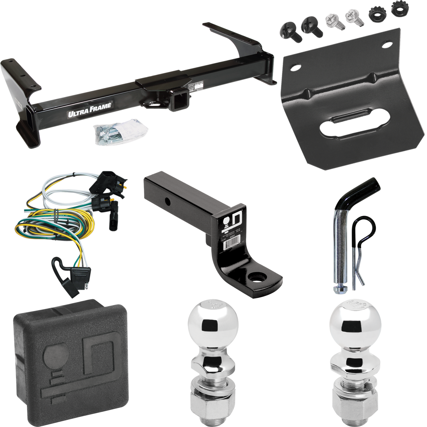 Fits 1995-2002 Ford E-350 Econoline Trailer Hitch Tow PKG w/ 4-Flat Wiring Harness + Ball Mount w/ 4" Drop + Pin/Clip + 2" Ball + 2-5/16" Ball + Hitch Cover + Wiring Bracket By Draw-Tite