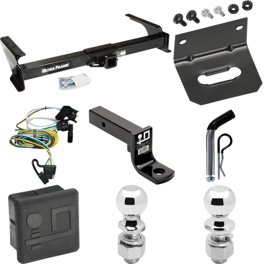 Fits 1995-2002 Ford E-350 Econoline Trailer Hitch Tow PKG w/ 4-Flat Wiring Harness + Ball Mount w/ 4" Drop + Pin/Clip + 2" Ball + 2-5/16" Ball + Hitch Cover + Wiring Bracket By Draw-Tite