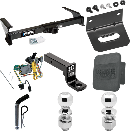 Fits 1992-1994 Ford E-350 Econoline Trailer Hitch Tow PKG w/ 4-Flat Wiring Harness + Ball Mount w/ 4" Drop + Pin/Clip + 2" Ball + 2-5/16" Ball + Hitch Cover + Wiring Bracket By Reese Towpower