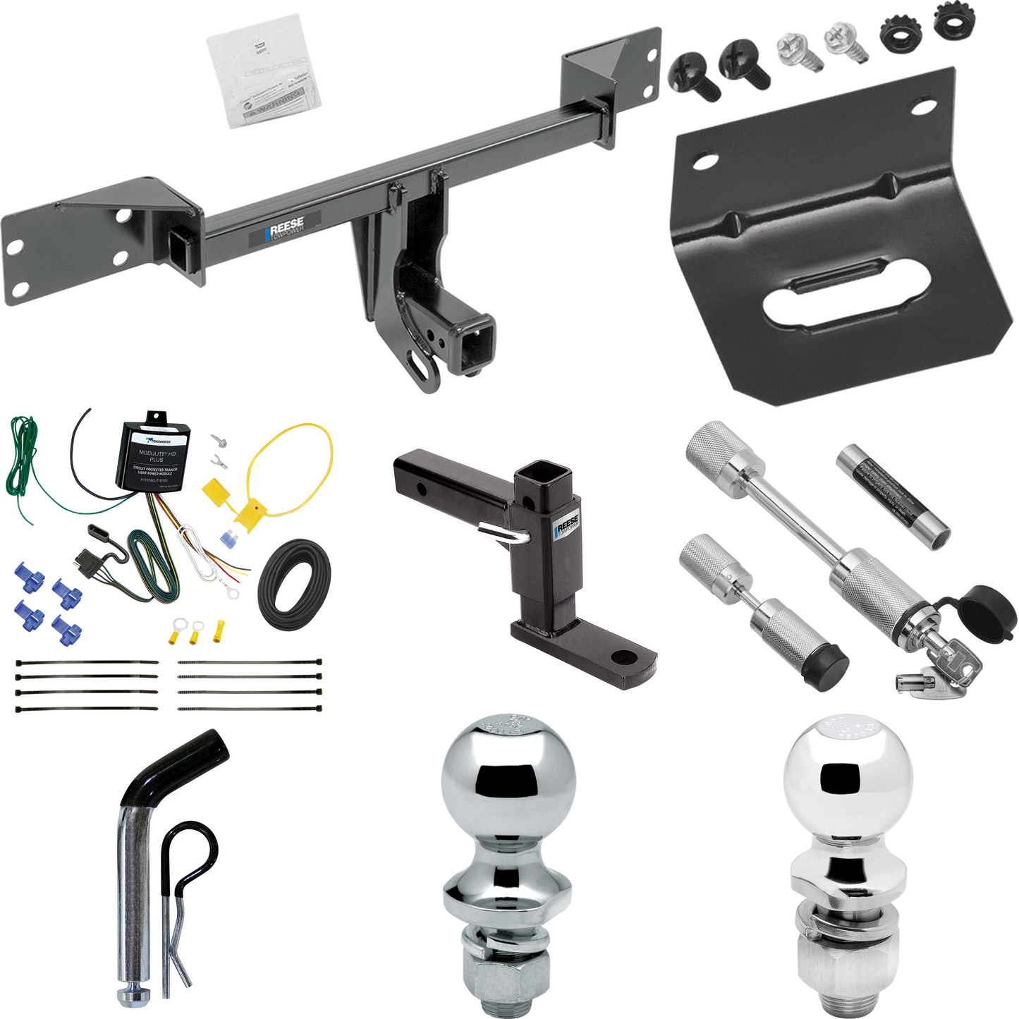 Fits 2017-2019 Infiniti QX30 Trailer Hitch Tow PKG w/ 4-Flat Wiring Harness + Adjustable Drop Rise Ball Mount + Pin/Clip + 2" Ball + 1-7/8" Ball + Dual Hitch & Coupler Locks (Excludes: Sport Models) By Reese Towpower