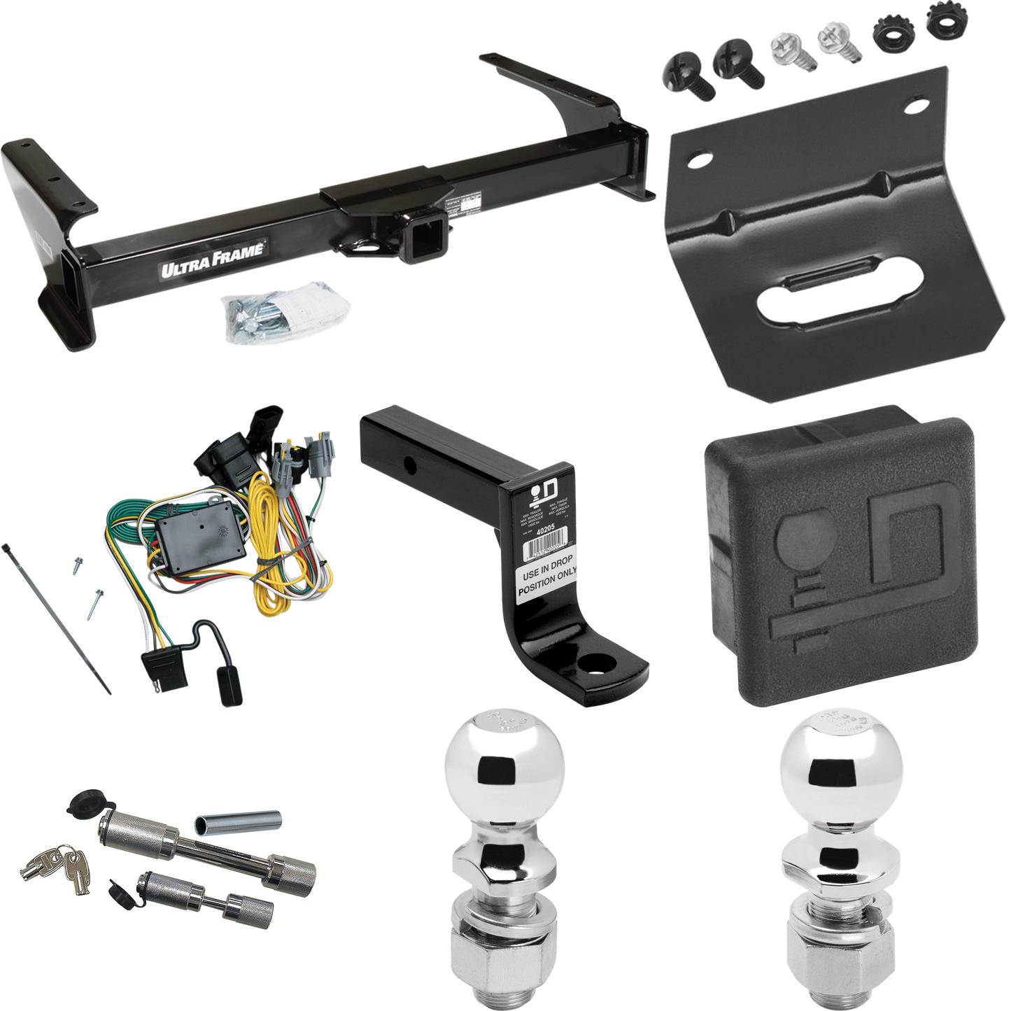 Fits 1992-1994 Ford E-250 Econoline Trailer Hitch Tow PKG w/ 4-Flat Wiring Harness + Ball Mount w/ 6" Drop + Dual Hitch & Coupler Locks + 2" Ball + 2-5/16" Ball + Hitch Cover + Wiring Bracket By Draw-Tite