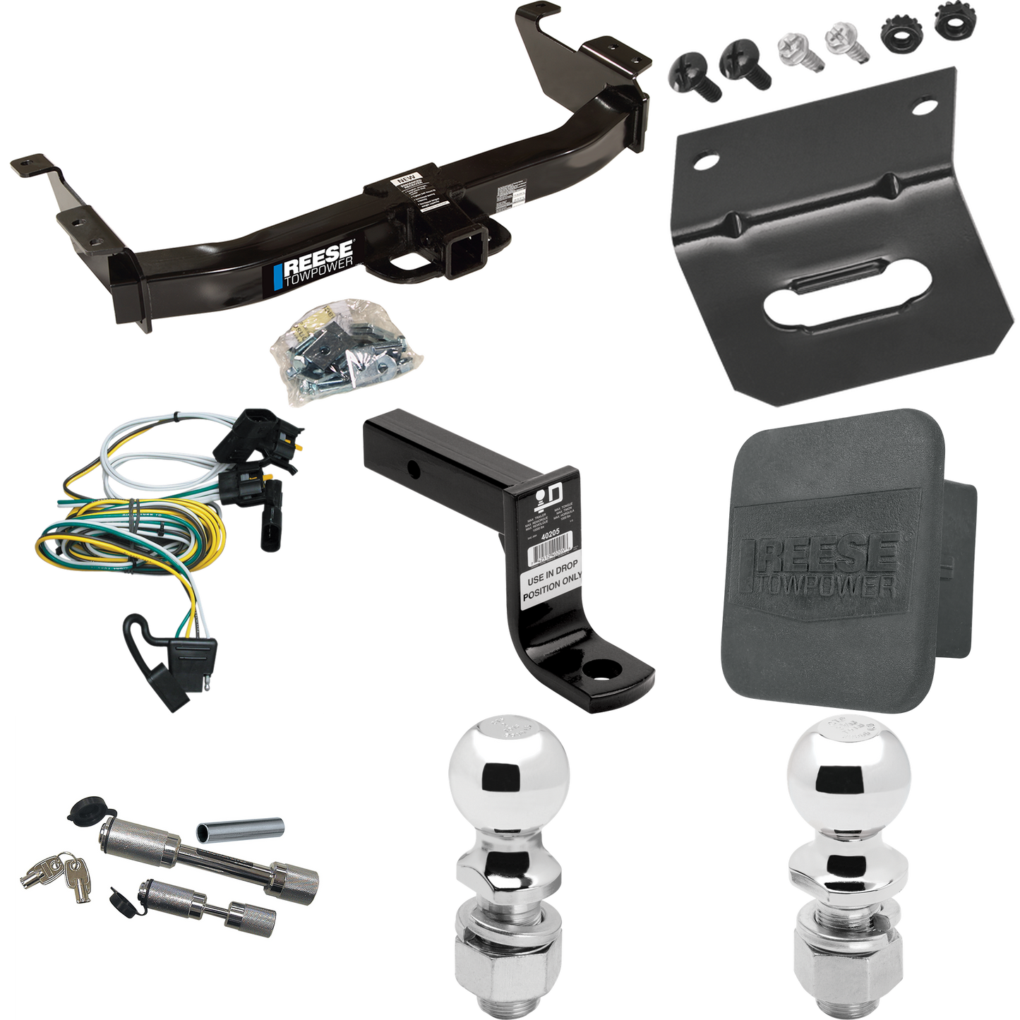 Fits 2000-2002 Ford E-150 Econoline Trailer Hitch Tow PKG w/ 4-Flat Wiring Harness + Ball Mount w/ 6" Drop + Dual Hitch & Coupler Locks + 2" Ball + 2-5/16" Ball + Hitch Cover + Wiring Bracket By Reese Towpower