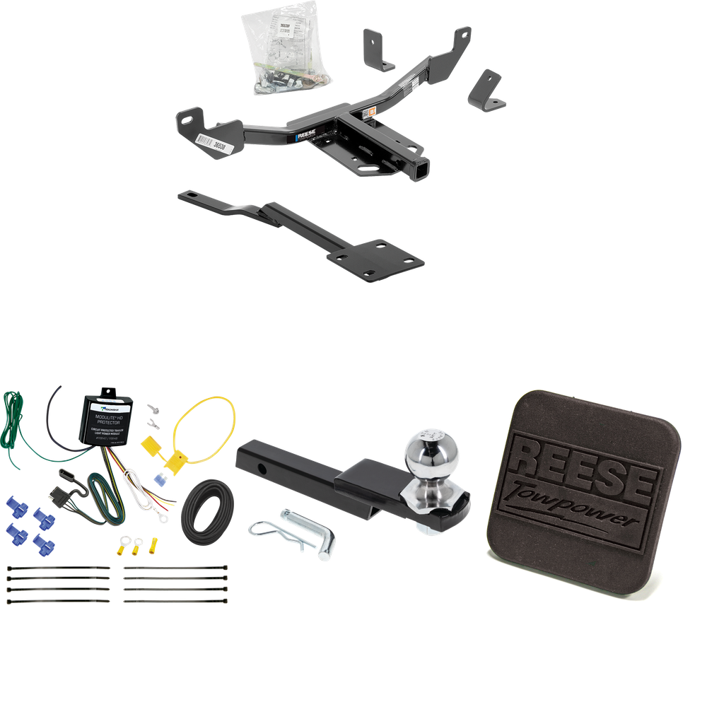 Fits 2014-2015 Chevrolet Malibu LTZ Trailer Hitch Tow PKG w/ 4-Flat Wiring Harness + Interlock Starter Kit w/ 2" Ball 1-1/4" Drop 3/4" Rise + Hitch Cover (Excludes: Canada Models Models) By Reese Towpower