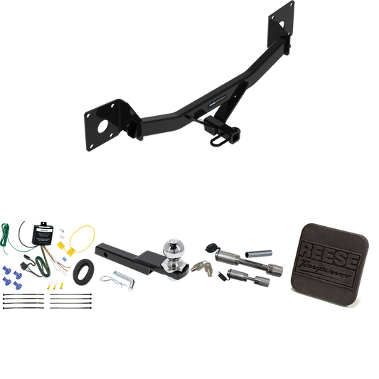 Fits 2017-2019 Buick LaCrosse Trailer Hitch Tow PKG w/ 4-Flat Wiring Harness + Interlock Starter Kit w/ 2" Ball 1-1/4" Drop 3/4" Rise + Hitch Cover + Dual Hitch & Coupler Locks By Reese Towpower