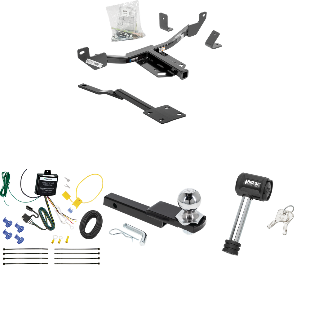 Fits 2014-2015 Chevrolet Malibu LTZ Trailer Hitch Tow PKG w/ 4-Flat Wiring Harness + Interlock Starter Kit w/ 2" Ball 1-1/4" Drop 3/4" Rise + Hitch Lock (Excludes: Canada Models Models) By Reese Towpower