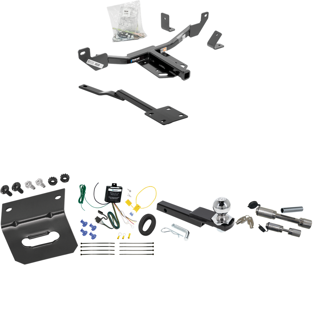 Fits 2013-2019 Cadillac XTS Trailer Hitch Tow PKG w/ 4-Flat Wiring Harness + Interlock Starter Kit w/ 2" Ball 1-1/4" Drop 3/4" Rise + Wiring Bracket + Dual Hitch & Coupler Locks By Reese Towpower