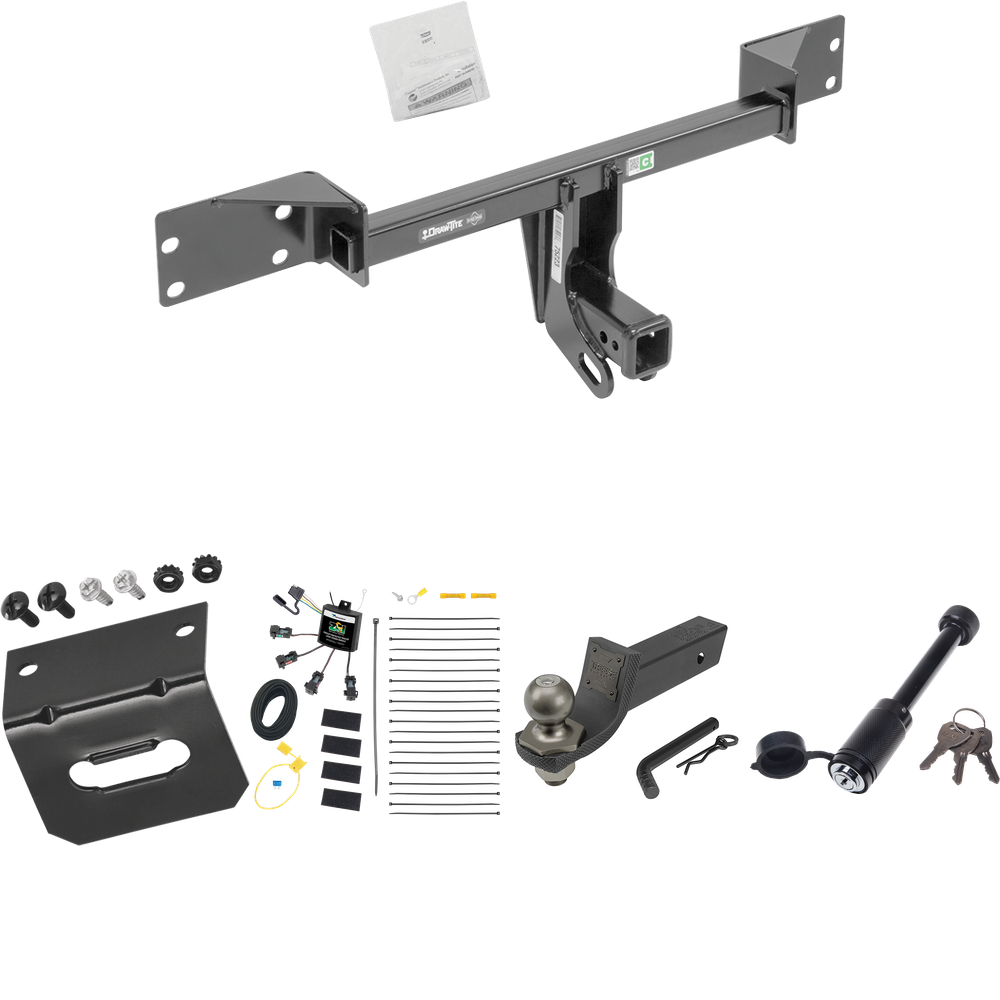 Fits 2017-2019 Infiniti QX30 Trailer Hitch Tow PKG w/ 4-Flat Zero Contact "No Splice" Wiring + Interlock Tactical Starter Kit w/ 2" Drop & 2" Ball + Tactical Dogbone Lock + Wiring Bracket (Excludes: Sport Models) By Draw-Tite