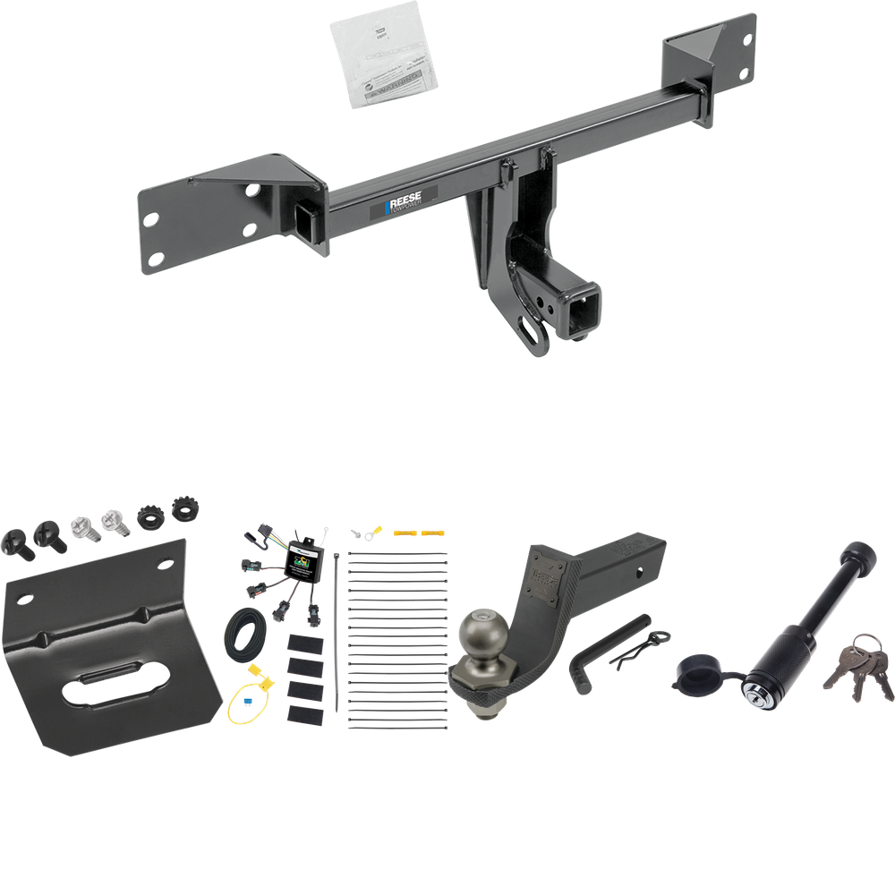 Fits 2015-2022 Mercedes-Benz GLA250 Trailer Hitch Tow PKG w/ 4-Flat Zero Contact "No Splice" Wiring + Interlock Tactical Starter Kit w/ 3-1/4" Drop & 2" Ball + Tactical Dogbone Lock + Wiring Bracket By Reese Towpower