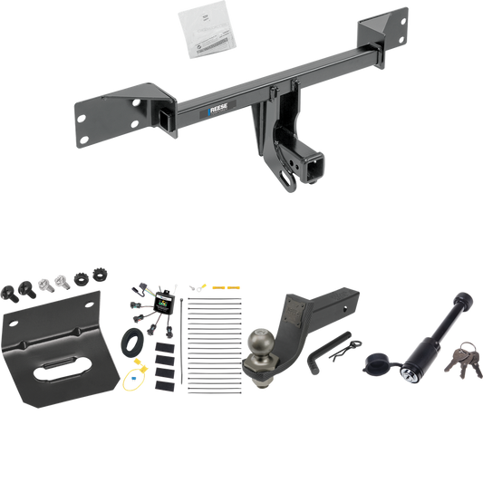 Fits 2015-2022 Mercedes-Benz GLA250 Trailer Hitch Tow PKG w/ 4-Flat Zero Contact "No Splice" Wiring + Interlock Tactical Starter Kit w/ 3-1/4" Drop & 2" Ball + Tactical Dogbone Lock + Wiring Bracket By Reese Towpower