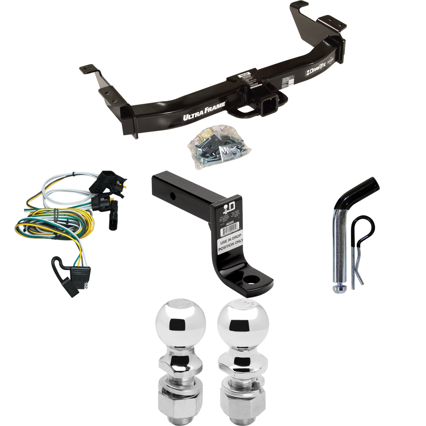 Fits 2000-2002 Ford E-150 Econoline Trailer Hitch Tow PKG w/ 4-Flat Wiring Harness + Ball Mount w/ 6" Drop + Pin/Clip + 2" Ball + 2-5/16" Ball By Draw-Tite