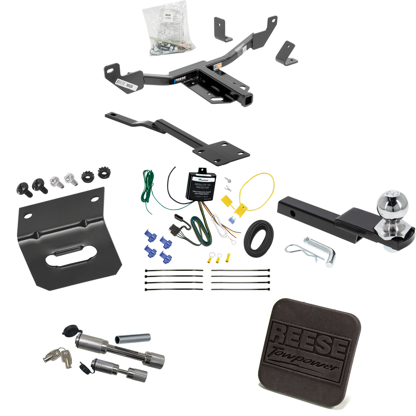 Fits 2013-2015 Chevrolet Malibu Trailer Hitch Tow PKG w/ 4-Flat Wiring Harness + Interlock Starter Kit w/ 2" Ball 1-1/4" Drop 3/4" Rise + Wiring Bracket + Hitch Cover + Dual Hitch & Coupler Locks (Excludes: LTZ & Canada Models Models) By Reese Towpow