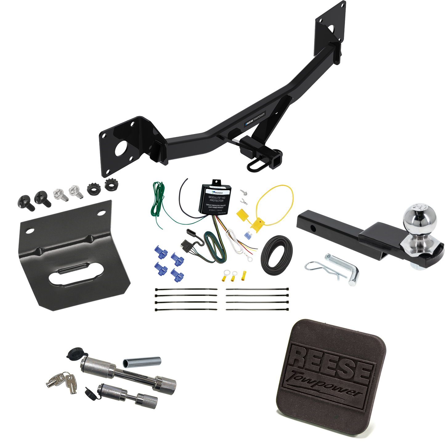 Fits 2016-2023 Chevrolet Malibu Trailer Hitch Tow PKG w/ 4-Flat Wiring Harness + Interlock Starter Kit w/ 2" Ball 1-1/4" Drop 3/4" Rise + Wiring Bracket + Hitch Cover + Dual Hitch & Coupler Locks (For Premier (New Body Style) Models) By Reese Towpowe