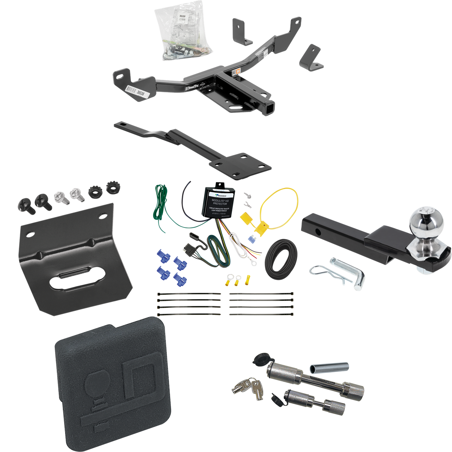 Fits 2016-2016 Chevrolet Malibu Trailer Hitch Tow PKG w/ 4-Flat Wiring Harness + Interlock Starter Kit w/ 2" Ball 1-1/4" Drop 3/4" Rise + Wiring Bracket + Hitch Cover + Dual Hitch & Coupler Locks (For Limited, Except LTZ & Canada Models (Old Body Sty