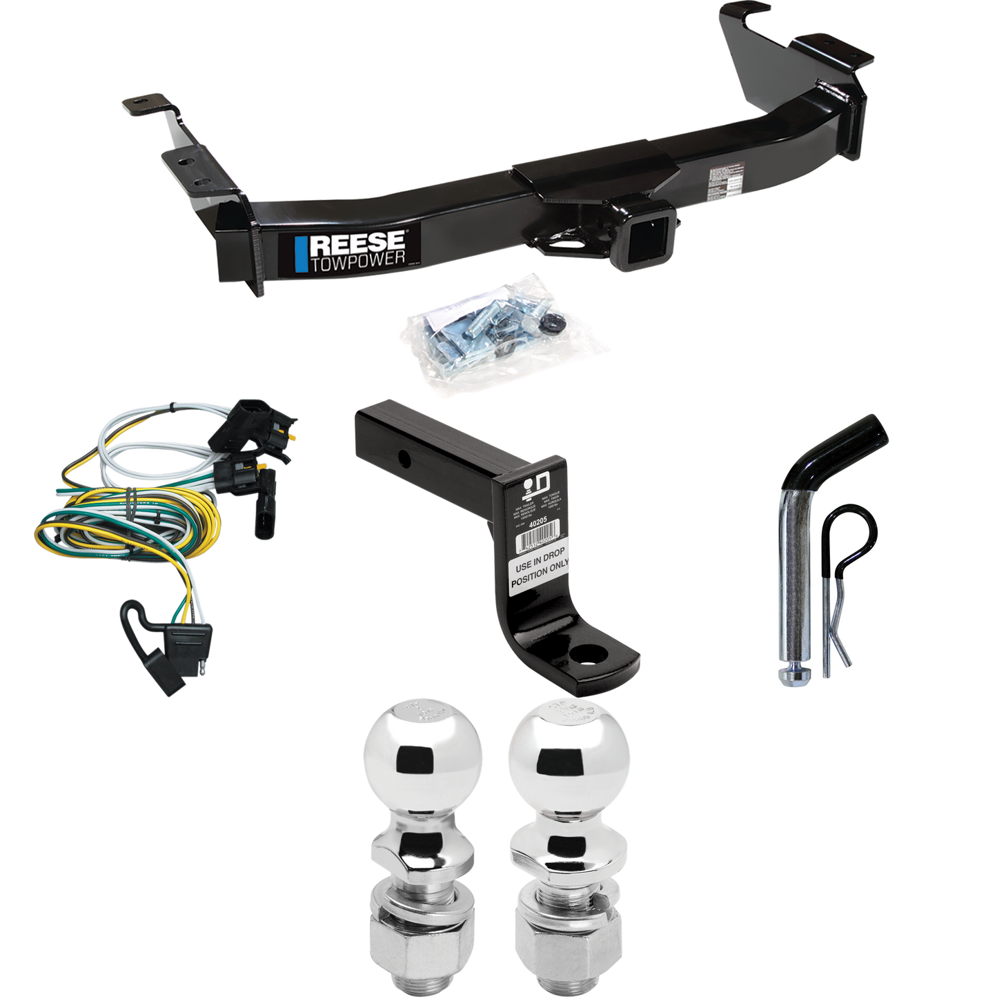 Fits 2000-2002 Ford E-350 Econoline Trailer Hitch Tow PKG w/ 4-Flat Wiring Harness + Ball Mount w/ 6" Drop + Pin/Clip + 2" Ball + 2-5/16" Ball By Reese Towpower