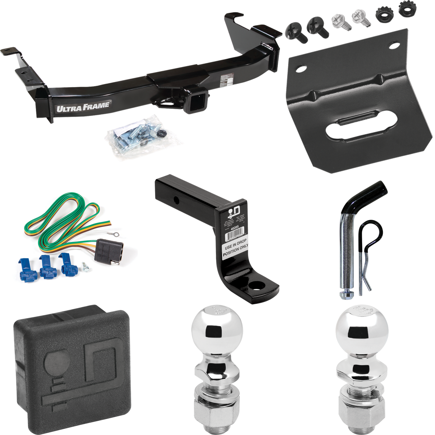 Fits 2003-2007 Ford E-350 Econoline Super Duty Trailer Hitch Tow PKG w/ 4-Flat Wiring Harness + Ball Mount w/ 6" Drop + Pin/Clip + 2" Ball + 2-5/16" Ball + Hitch Cover + Wiring Bracket By Draw-Tite