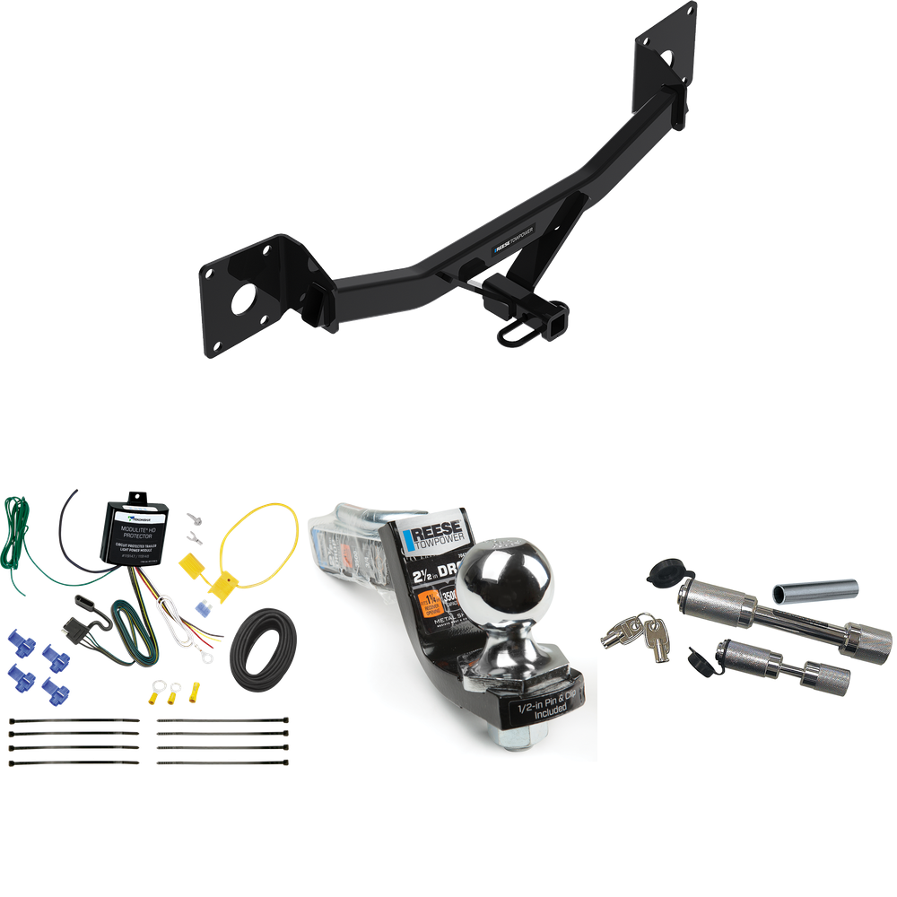 Fits 2016-2023 Chevrolet Malibu Trailer Hitch Tow PKG w/ 4-Flat Wiring Harness + Interlock Starter Kit w/ 2" Ball 2-1/2" Drop 2" Rise + Dual Hitch & Coupler Locks (For Premier (New Body Style) Models) By Reese Towpower