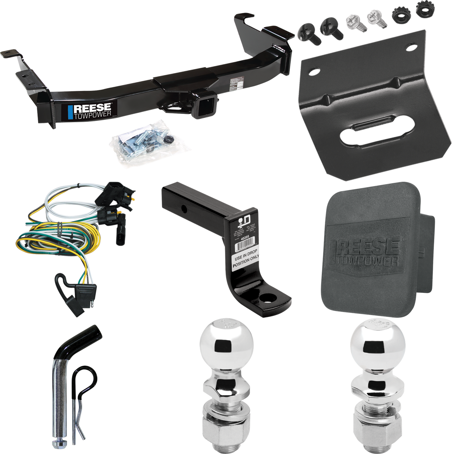 Fits 2000-2002 Ford E-350 Econoline Trailer Hitch Tow PKG w/ 4-Flat Wiring Harness + Ball Mount w/ 6" Drop + Pin/Clip + 2" Ball + 2-5/16" Ball + Hitch Cover + Wiring Bracket By Reese Towpower