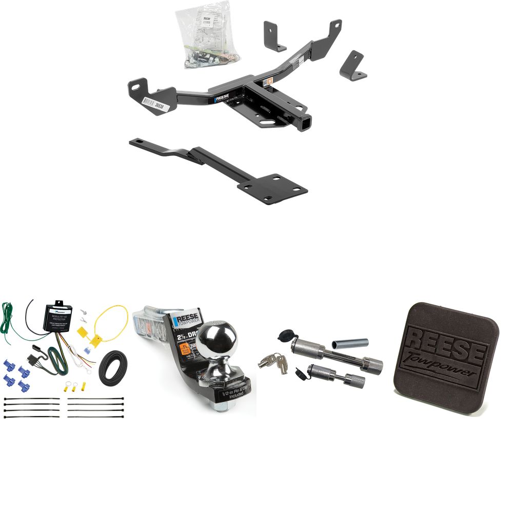 Fits 2014-2015 Chevrolet Malibu LTZ Trailer Hitch Tow PKG w/ 4-Flat Wiring Harness + Interlock Starter Kit w/ 2" Ball 2-1/2" Drop 2" Rise + Hitch Cover + Dual Hitch & Coupler Locks (Excludes: Canada Models Models) By Reese Towpower