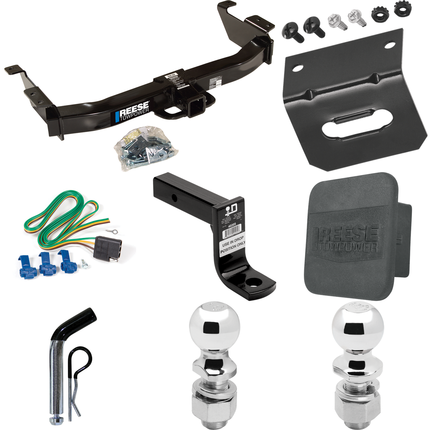 Fits 2003-2007 Ford E-250 Econoline Trailer Hitch Tow PKG w/ 4-Flat Wiring Harness + Ball Mount w/ 6" Drop + Pin/Clip + 2" Ball + 2-5/16" Ball + Hitch Cover + Wiring Bracket By Reese Towpower