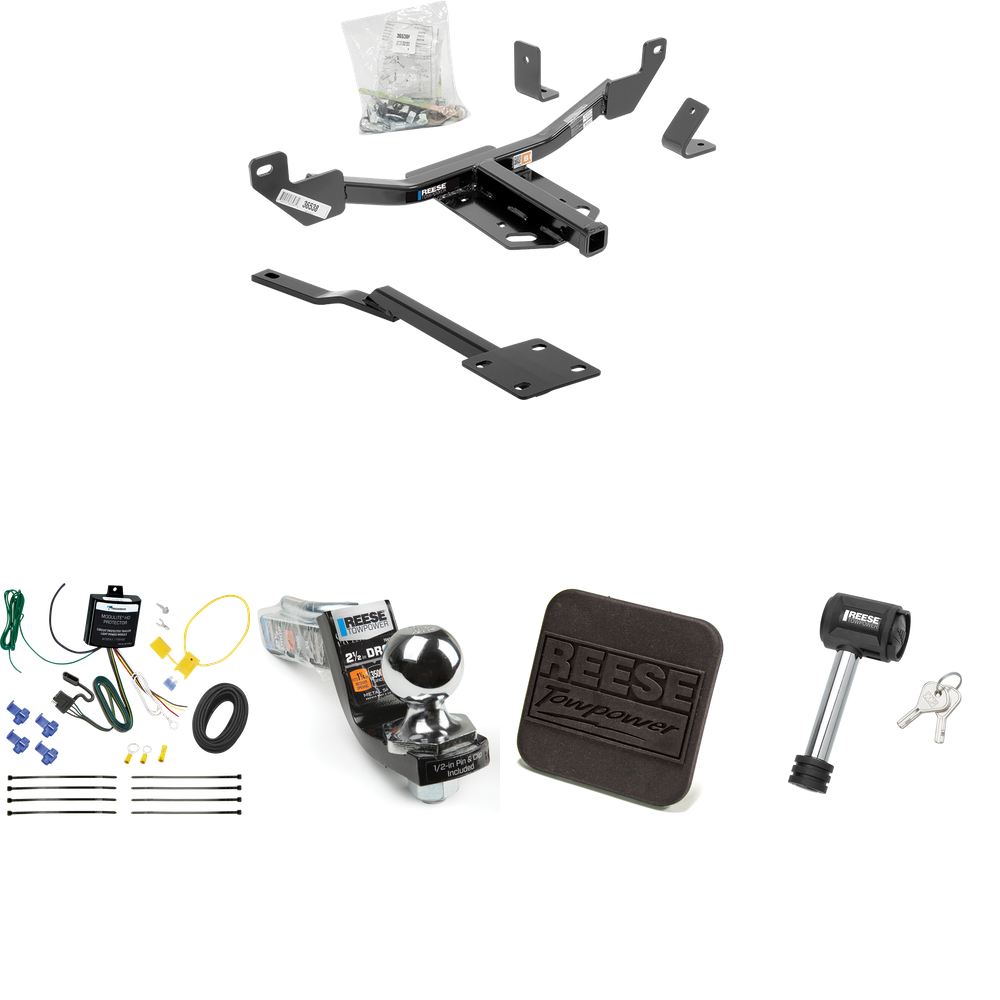 Fits 2013-2015 Chevrolet Malibu Trailer Hitch Tow PKG w/ 4-Flat Wiring Harness + Interlock Starter Kit w/ 2" Ball 2-1/2" Drop 2" Rise + Hitch Cover + Hitch Lock (Excludes: LTZ & Canada Models Models) By Reese Towpower