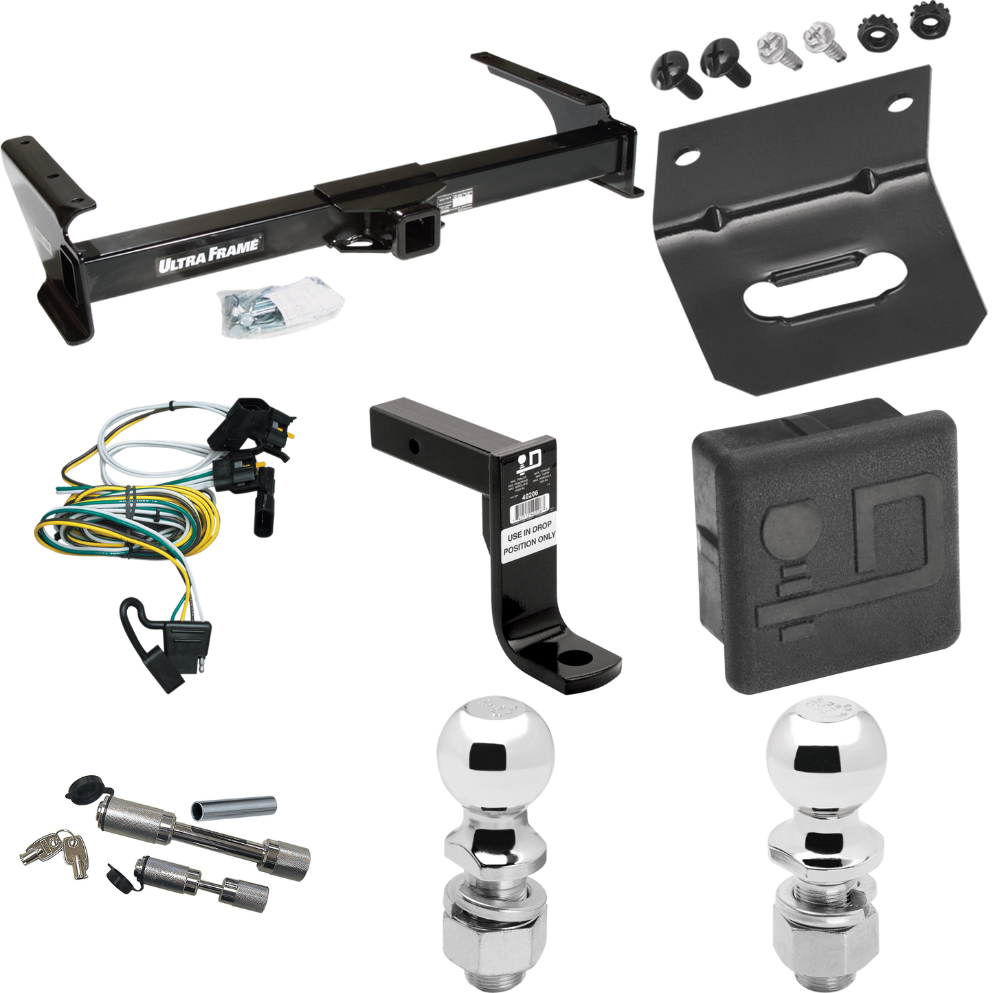 Fits 1995-2002 Ford E-150 Econoline Trailer Hitch Tow PKG w/ 4-Flat Wiring Harness + Ball Mount w/ 8" Drop + Dual Hitch & Coupler Locks + 2" Ball + 2-5/16" Ball + Hitch Cover + Wiring Bracket By Draw-Tite