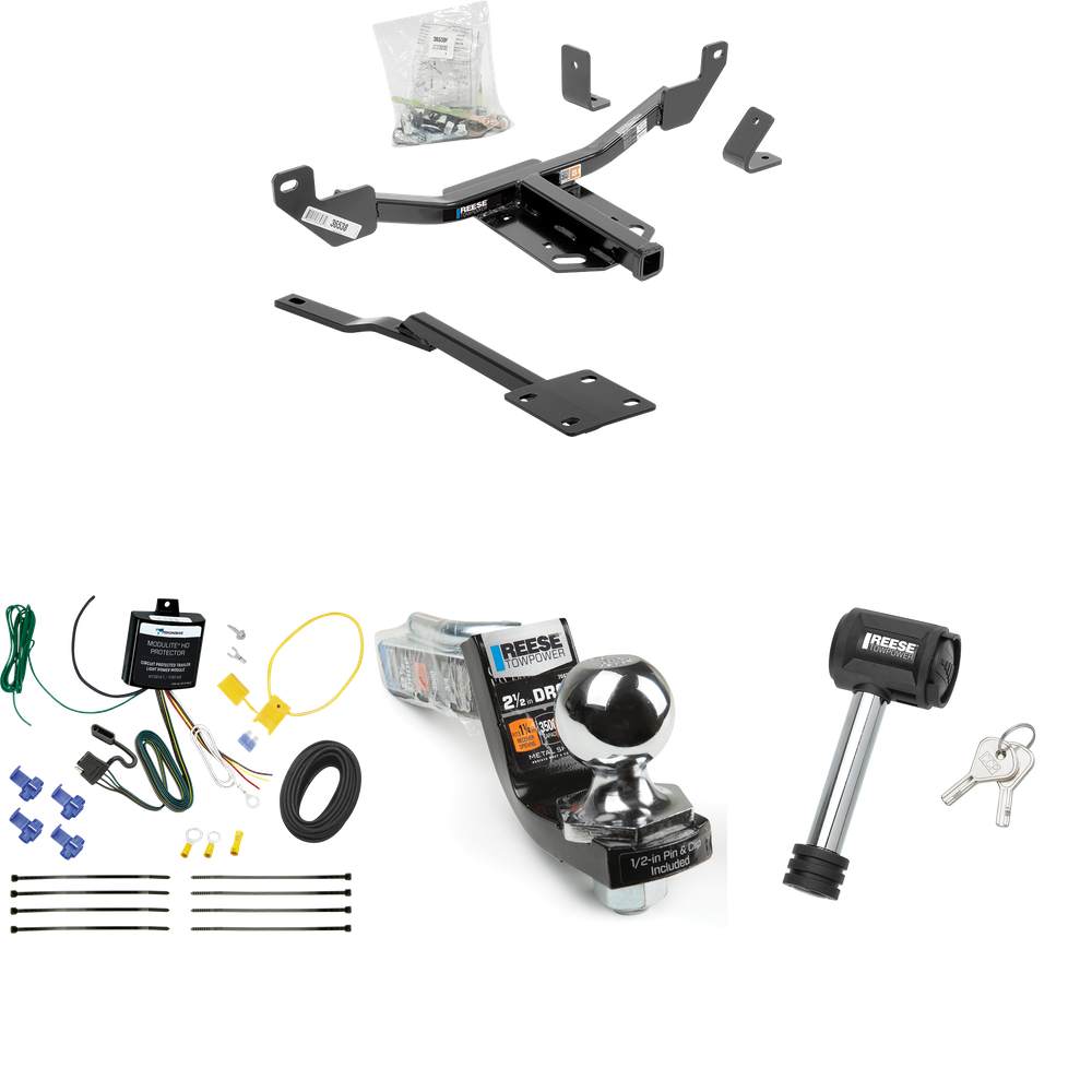 Fits 2013-2019 Cadillac XTS Trailer Hitch Tow PKG w/ 4-Flat Wiring Harness + Interlock Starter Kit w/ 2" Ball 2-1/2" Drop 2" Rise + Hitch Lock By Reese Towpower