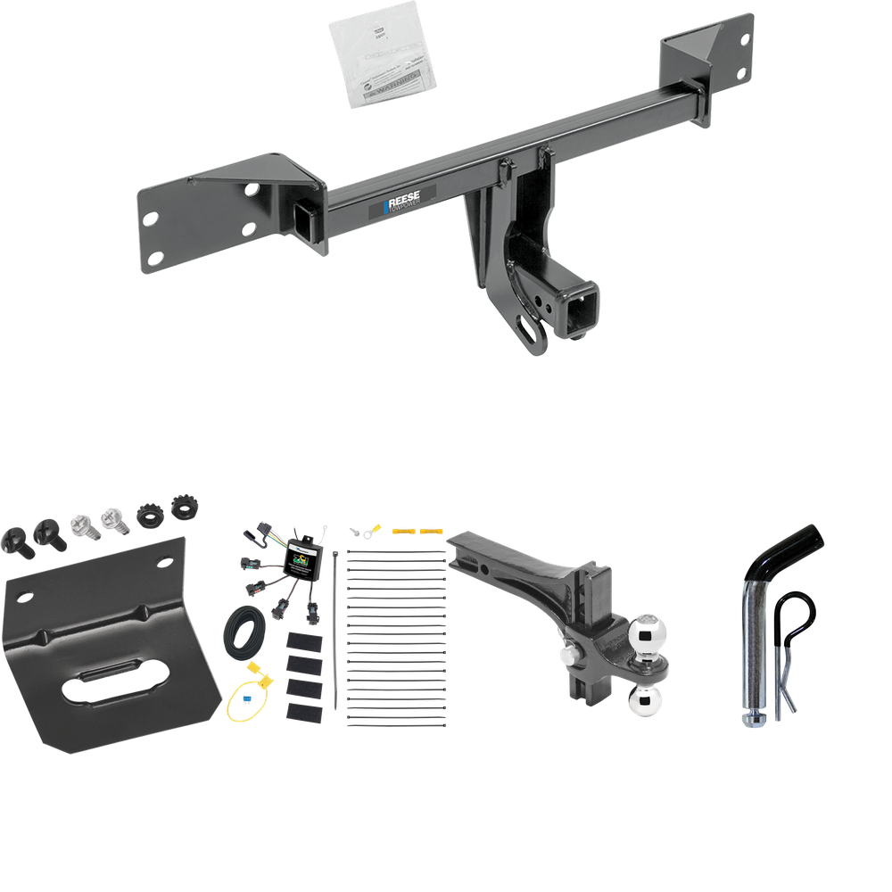 Fits 2017-2019 Infiniti QX30 Trailer Hitch Tow PKG w/ 4-Flat Zero Contact "No Splice" Wiring Harness + Dual Adjustable Drop Rise Ball Ball Mount 2" & 2-5/16" Trailer Balls + Pin/Clip + Wiring Bracket (Excludes: Sport Models) By Reese Towpower