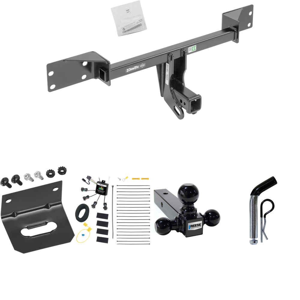 Fits 2017-2019 Infiniti QX30 Trailer Hitch Tow PKG w/ 4-Flat Zero Contact "No Splice" Wiring Harness + Triple Ball Ball Mount 1-7/8" & 2" & 2-5/16" Trailer Balls + Pin/Clip + Wiring Bracket (Excludes: Sport Models) By Draw-Tite