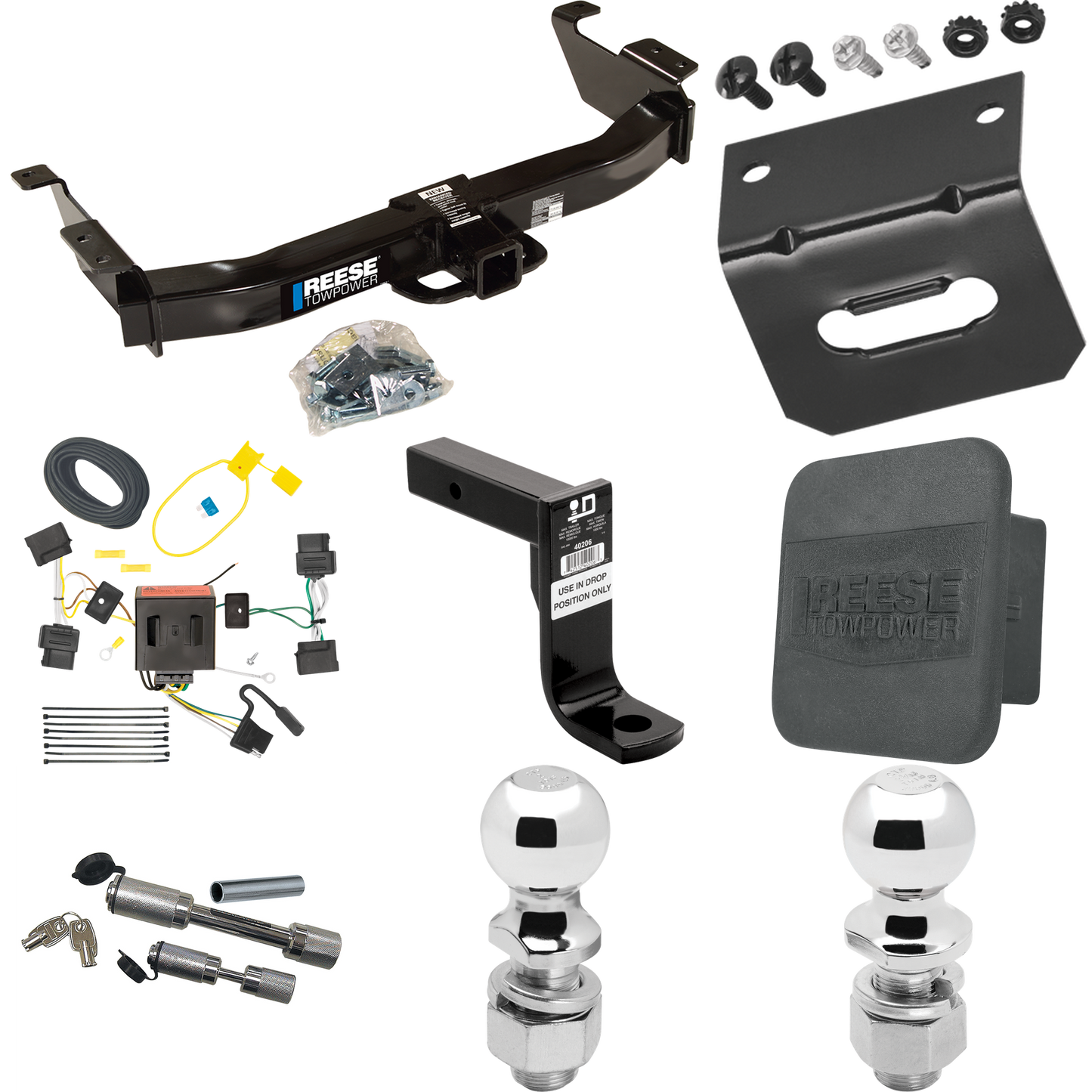 Fits 2008-2014 Ford E-250 Econoline Trailer Hitch Tow PKG w/ 4-Flat Wiring Harness + Ball Mount w/ 8" Drop + Dual Hitch & Coupler Locks + 2" Ball + 2-5/16" Ball + Hitch Cover + Wiring Bracket By Reese Towpower