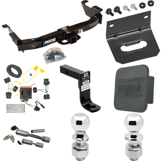 Fits 2008-2014 Ford E-250 Econoline Trailer Hitch Tow PKG w/ 4-Flat Wiring Harness + Ball Mount w/ 8" Drop + Dual Hitch & Coupler Locks + 2" Ball + 2-5/16" Ball + Hitch Cover + Wiring Bracket By Reese Towpower