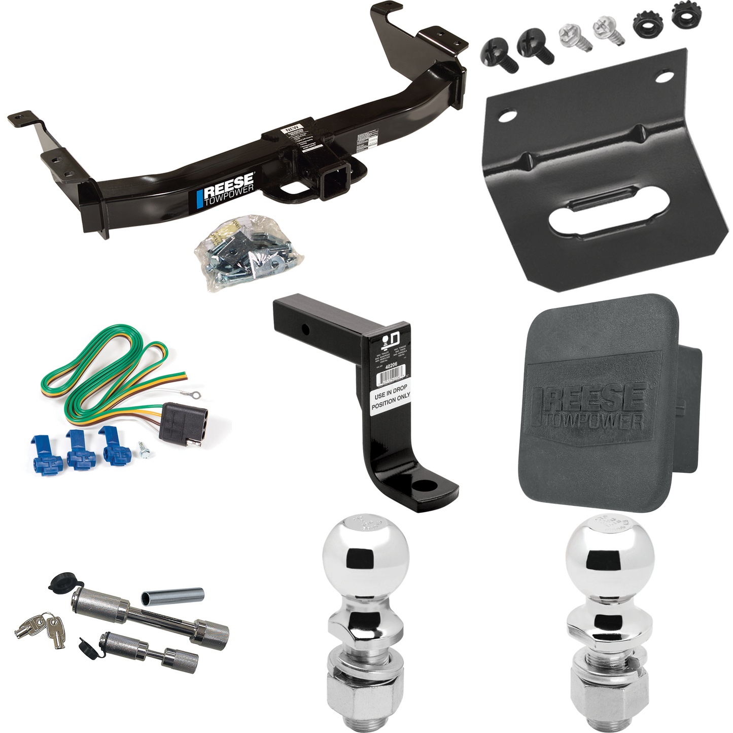 Fits 2003-2007 Ford E-250 Econoline Trailer Hitch Tow PKG w/ 4-Flat Wiring Harness + Ball Mount w/ 8" Drop + Dual Hitch & Coupler Locks + 2" Ball + 2-5/16" Ball + Hitch Cover + Wiring Bracket By Reese Towpower