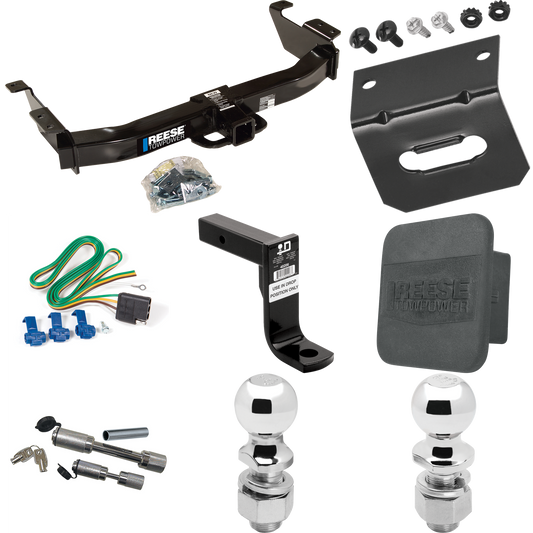 Fits 2003-2007 Ford E-250 Econoline Trailer Hitch Tow PKG w/ 4-Flat Wiring Harness + Ball Mount w/ 8" Drop + Dual Hitch & Coupler Locks + 2" Ball + 2-5/16" Ball + Hitch Cover + Wiring Bracket By Reese Towpower