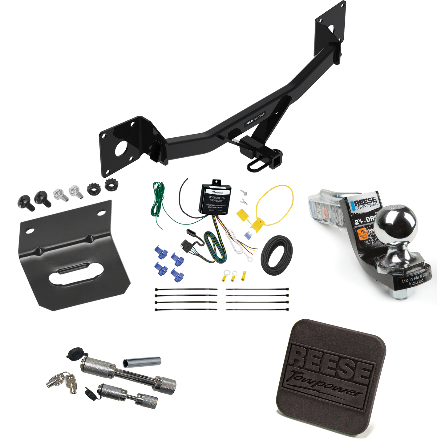 Fits 2017-2019 Buick LaCrosse Trailer Hitch Tow PKG w/ 4-Flat Wiring Harness + Interlock Starter Kit w/ 2" Ball 2-1/2" Drop 2" Rise + Wiring Bracket + Hitch Cover + Dual Hitch & Coupler Locks By Reese Towpower