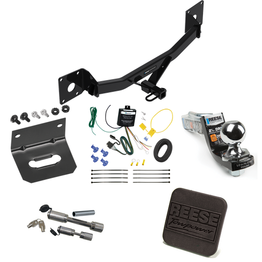 Fits 2016-2023 Chevrolet Malibu Trailer Hitch Tow PKG w/ 4-Flat Wiring Harness + Interlock Starter Kit w/ 2" Ball 2-1/2" Drop 2" Rise + Wiring Bracket + Hitch Cover + Dual Hitch & Coupler Locks (For Premier (New Body Style) Models) By Reese Towpower