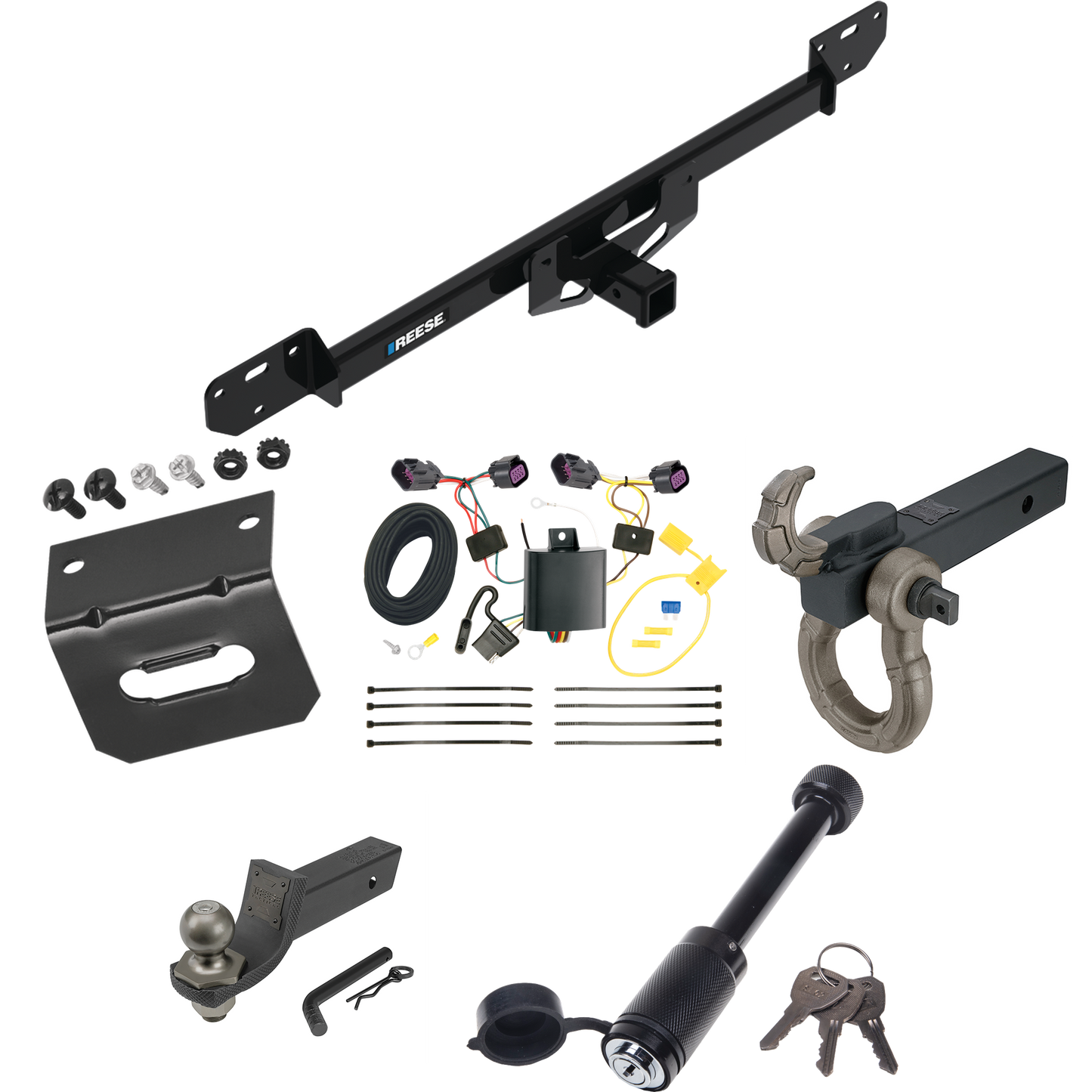 Fits 2014-2023 RAM ProMaster 2500 Trailer Hitch Tow PKG w/ 4-Flat Wiring + Interlock Tactical Starter Kit w/ 2" Drop & 2" Ball + Tactical Hook & Shackle Mount + Tactical Dogbone Lock + Wiring Bracket By Reese Towpower