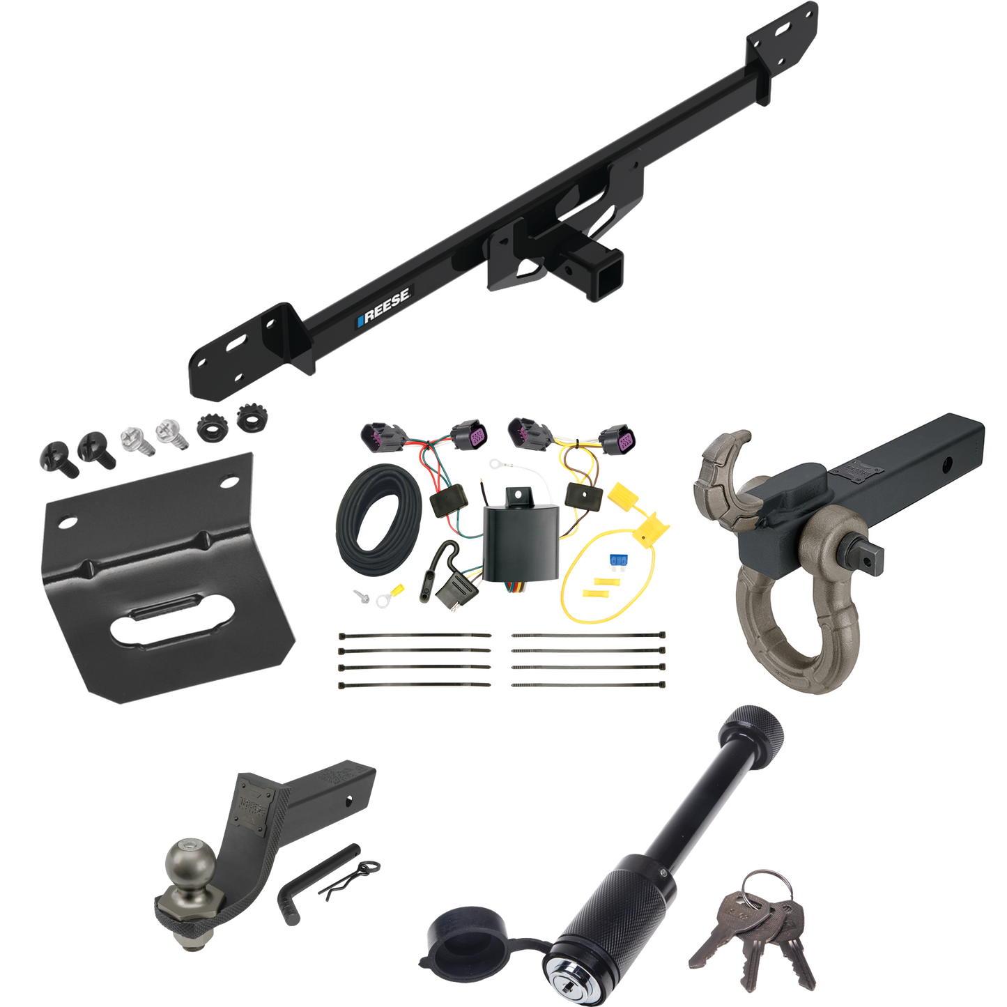 Fits 2014-2023 RAM ProMaster 1500 Trailer Hitch Tow PKG w/ 4-Flat Wiring + Interlock Tactical Starter Kit w/ 3-1/4" Drop & 2" Ball + Tactical Hook & Shackle Mount + Tactical Dogbone Lock + Wiring Bracket By Reese Towpower