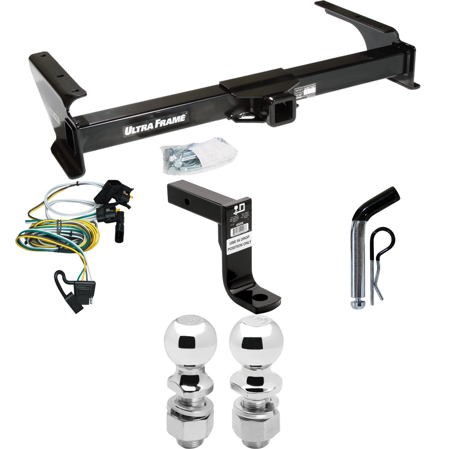 Fits 1995-2002 Ford E-350 Econoline Trailer Hitch Tow PKG w/ 4-Flat Wiring Harness + Ball Mount w/ 8" Drop + Pin/Clip + 2" Ball + 2-5/16" Ball By Draw-Tite