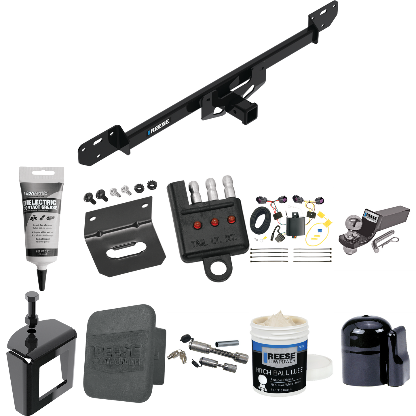 Fits 2014-2023 RAM ProMaster 2500 Trailer Hitch Tow PKG w/ 4-Flat Wiring + Starter Kit Ball Mount w/ 2" Drop & 2" Ball + 1-7/8" Ball + Wiring Bracket + Dual Hitch & Coupler Locks + Hitch Cover + Wiring Tester + Ball Lube + Electric Grease + Ball Wren