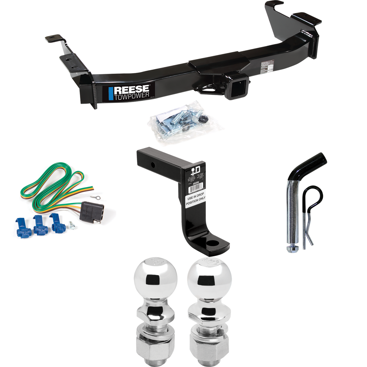 Fits 2003-2007 Ford E-350 Econoline Super Duty Trailer Hitch Tow PKG w/ 4-Flat Wiring Harness + Ball Mount w/ 8" Drop + Pin/Clip + 2" Ball + 2-5/16" Ball By Reese Towpower