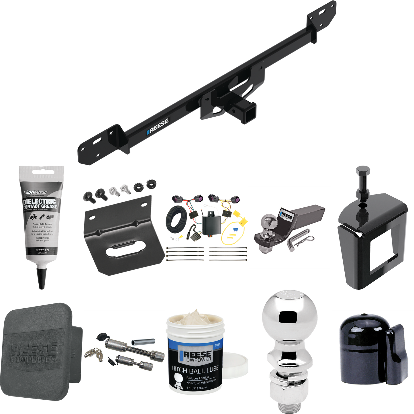 Fits 2014-2023 RAM ProMaster 1500 Trailer Hitch Tow PKG w/ 4-Flat Wiring + Starter Kit Ball Mount w/ 2" Drop & 2" Ball + 2-5/16" Ball + Wiring Bracket + Dual Hitch & Coupler Locks + Hitch Cover + Wiring Tester + Ball Lube +Electric Grease + Ball Wren