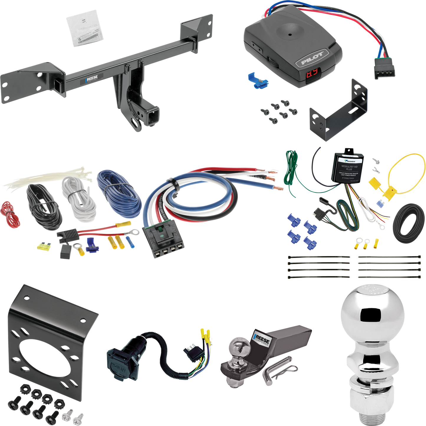 Fits 2017-2019 Infiniti QX30 Trailer Hitch Tow PKG w/ Pro Series Pilot Brake Control + Generic BC Wiring Adapter + 7-Way RV Wiring + 2" & 2-5/16" Ball & Drop Mount (Excludes: Sport Models) By Reese Towpower