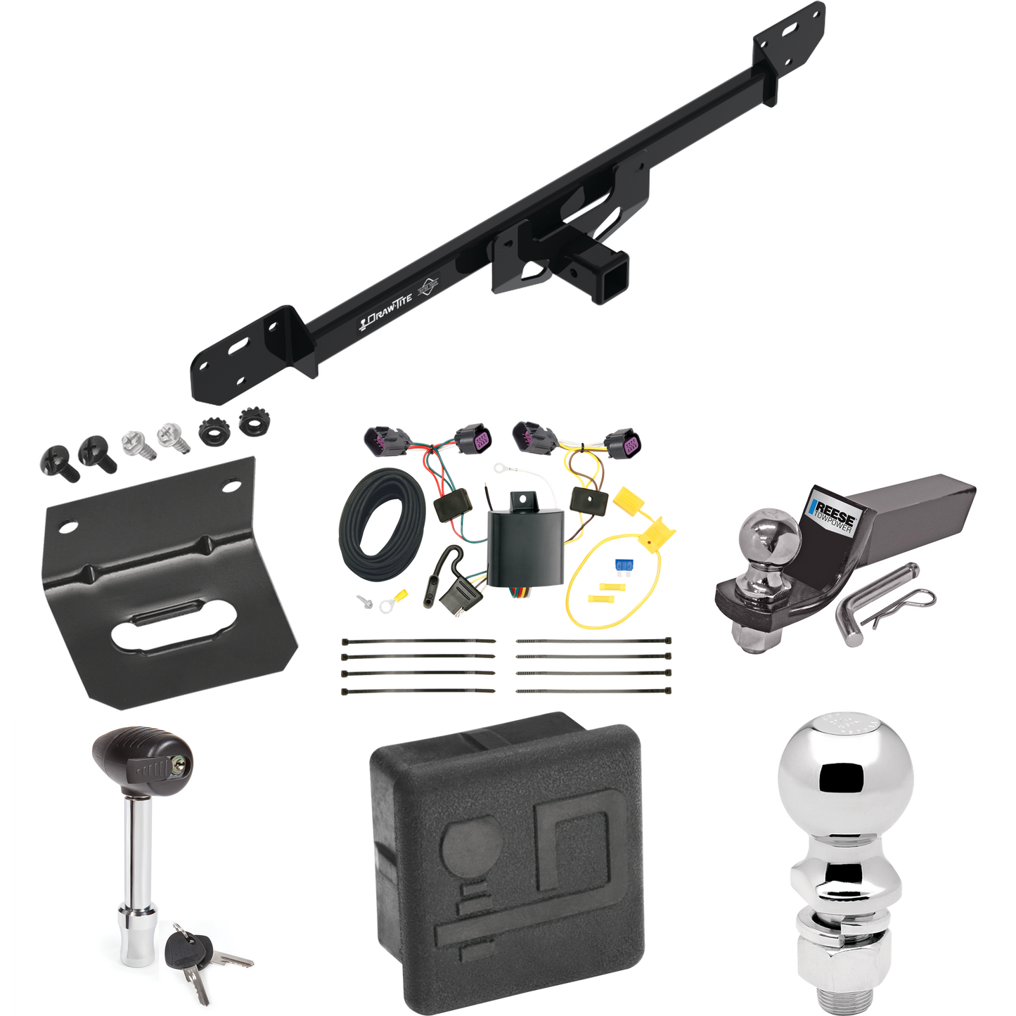 Fits 2014-2023 RAM ProMaster 3500 Trailer Hitch Tow PKG w/ 4-Flat Wiring + Starter Kit Ball Mount w/ 2" Drop & 2" Ball + 2-5/16" Ball + Wiring Bracket + Hitch Lock + Hitch Cover By Draw-Tite